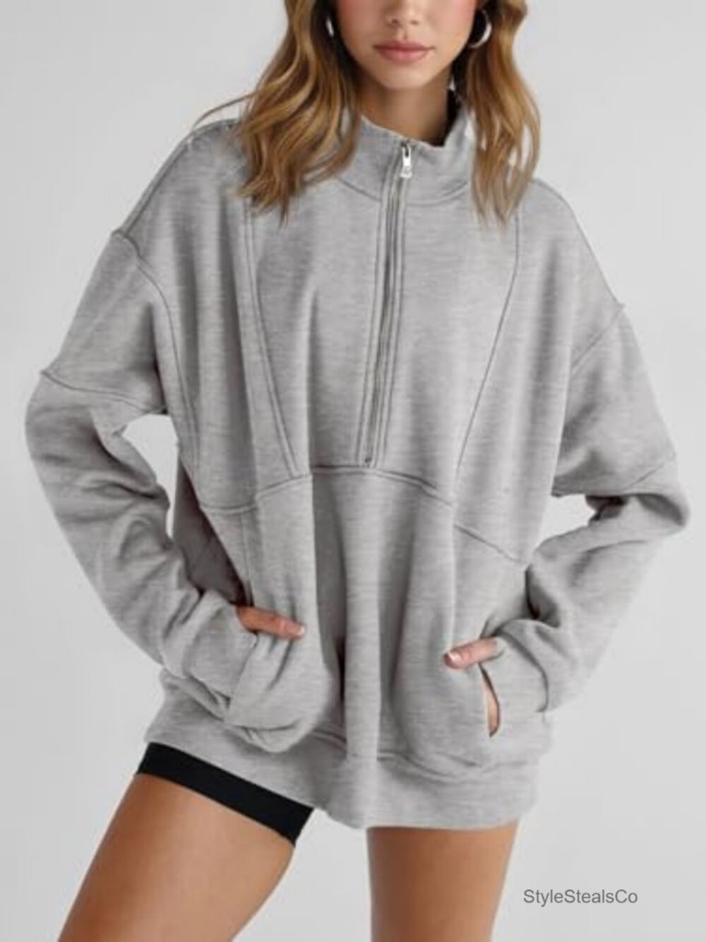 Women's Fleece Half Zip Oversized Pullover Sweatshirt with Thumb Holes and